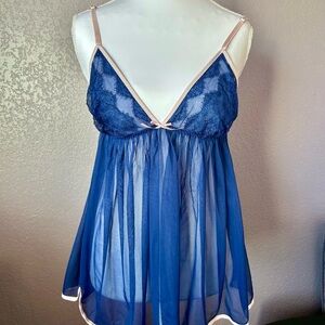 Victoria's Secret Navy Blue Sheer Lace Babydoll with Blush Straps